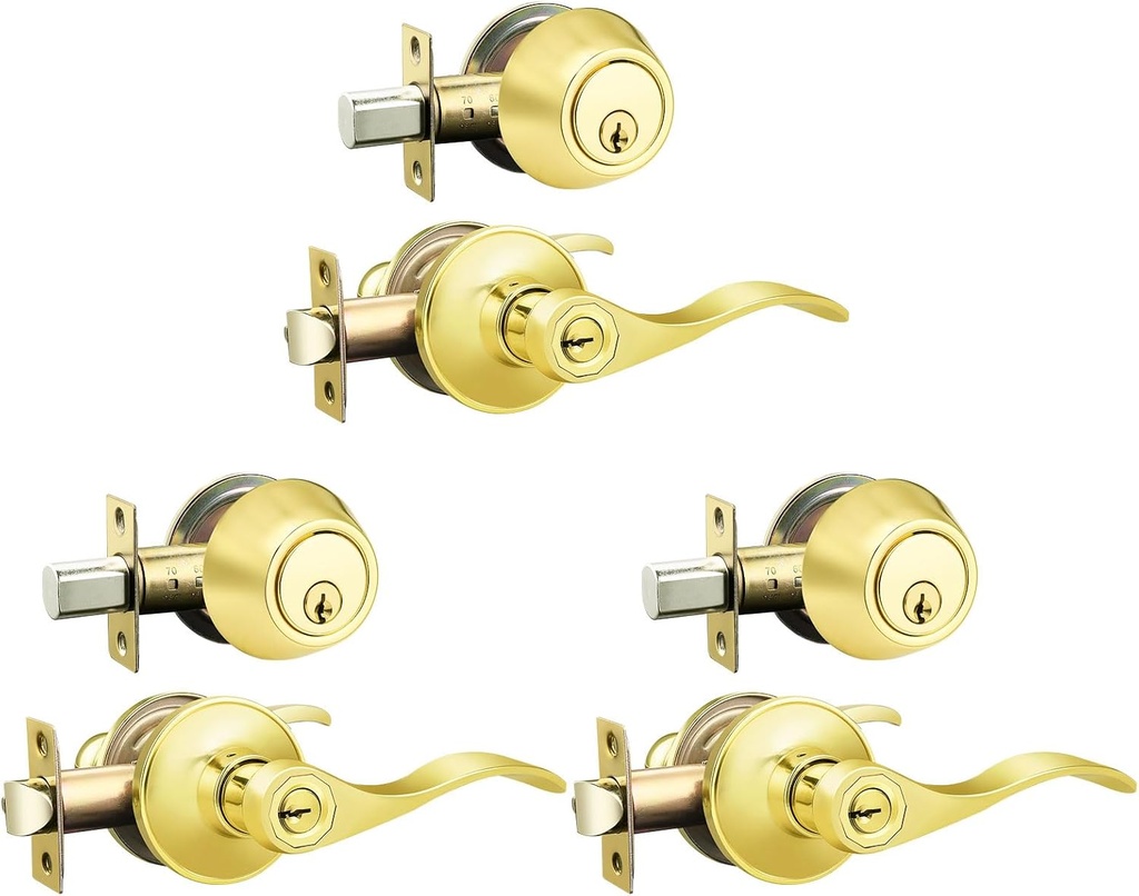 3 Pack Keyed Alike Lever Set with Single Cylinder Deadbolt, Reversible Wave Style Polished Brass Lockset, Lever Door Handle with Key and Lock for Bedroom, Front Door