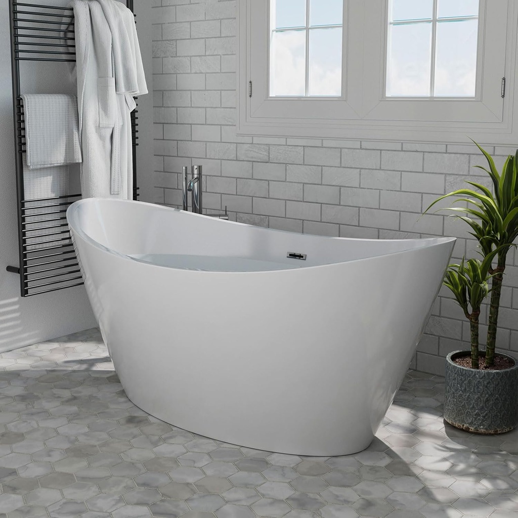 Empava Freestanding Bathtub,59 in Soaking Tub,Luxury Acrylic Stand Alone Tub Included Overflow and Drain for Bathroom, Glossy White,cUPC Certified
