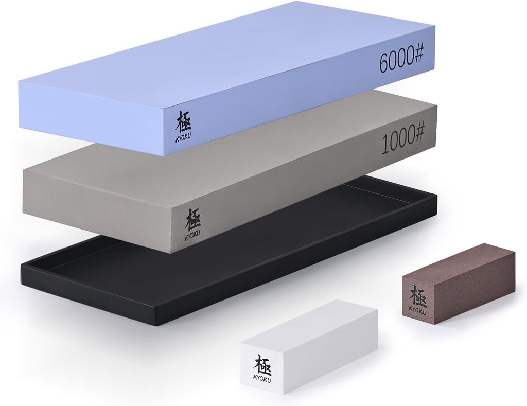 KYOKU Sharpening Stone Whetstone Kit, Knife Sharpening Set with 1000 & 6000 Grit Knife Sharpener Stones, Professional Japanese Whetstone Bundle with Nonslip Rubber Mat Rust Remover Flattening Stone