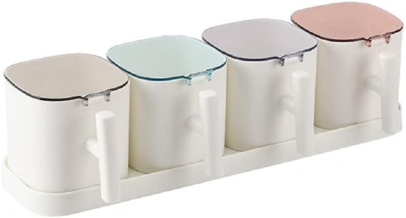 (4 pieces) Seasoning box set contains 4 spoons, kitchen seasoning and spice containers, each seasoning box has a lid including a base (White), 31 x 11 x 9CM/ 12.2 x 4.33 x 3.54inches