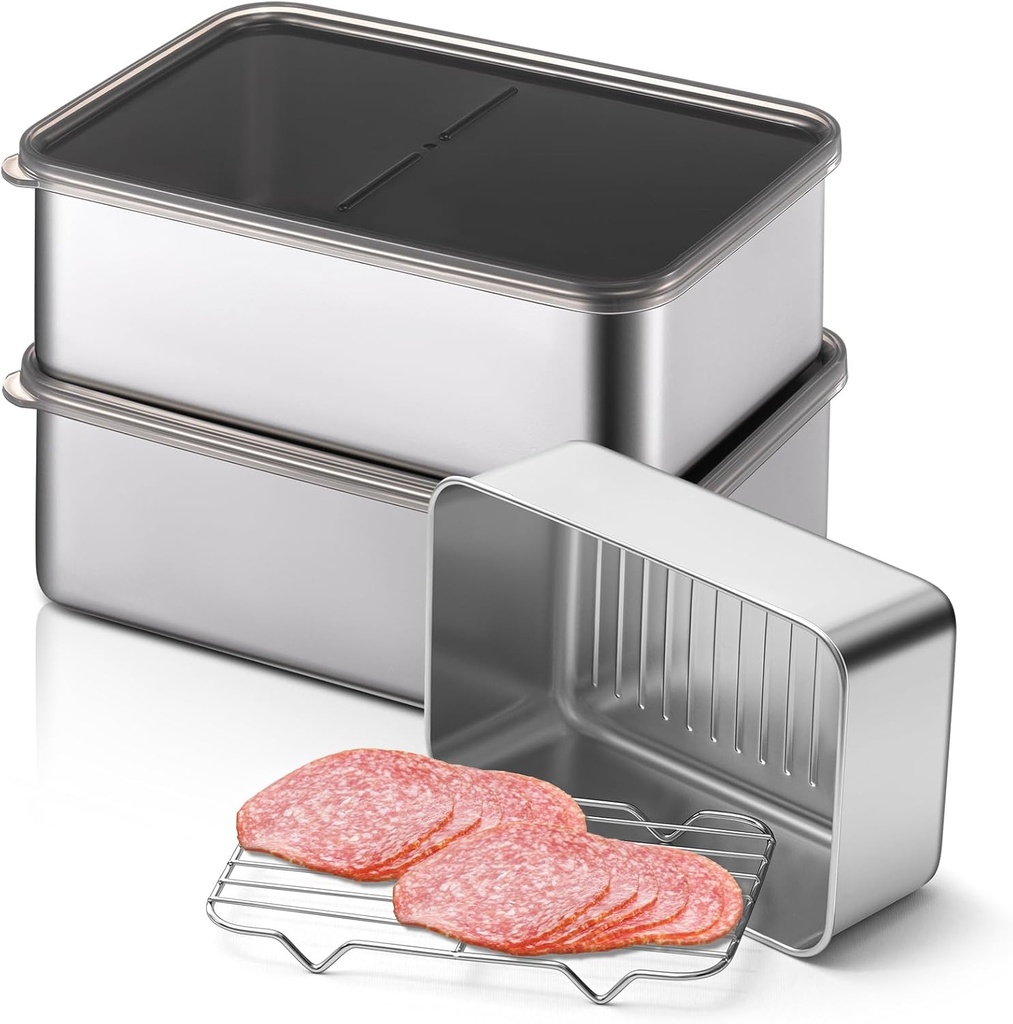 Hushee 3 Set 304 Stainless Steel Containers for Fridge, with Removable Drain Tray, 60 oz Airtight Food Container with Lids for Fruit Bacon Deli Meat Fresh Storage(7.68 x 5.12 x 2.76 Inch)