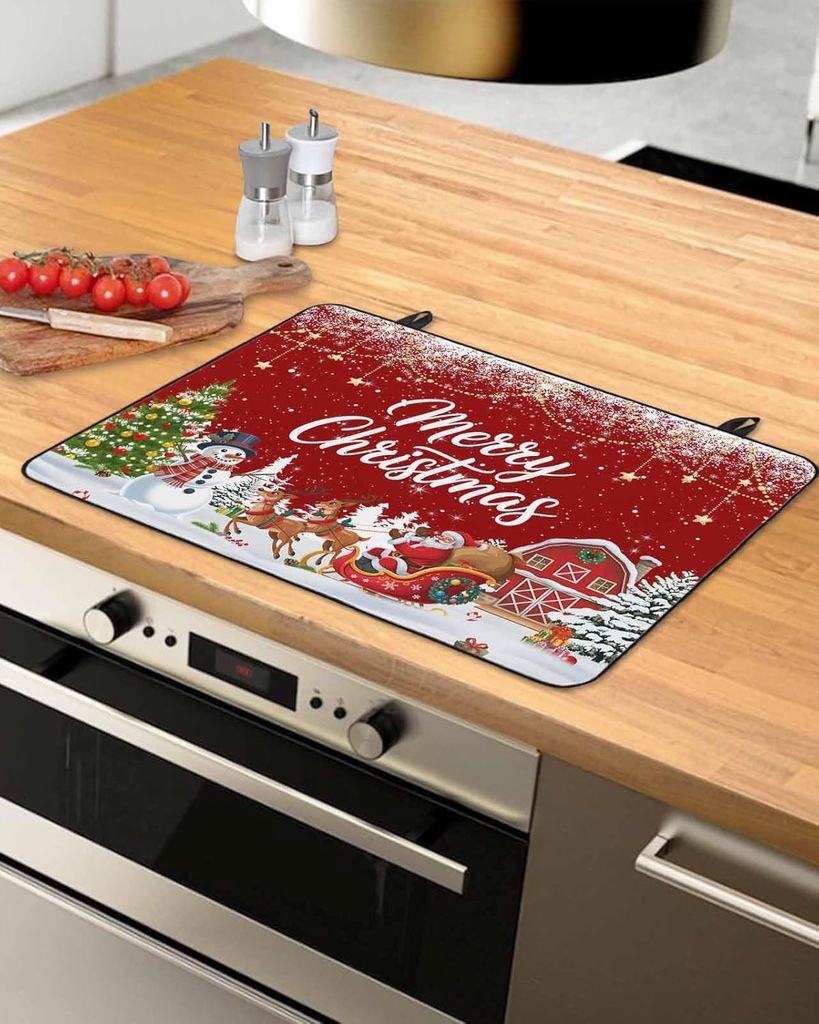 Christmas Countertop Burners Protection Mats for Kitchen, Santa Claus Snowflakes Christmas Tree Red Rubber Stove Top Cover Mat, Heat Proof Mats Cooktop Cover for Counter Dish Drying Mat, 31"x24"