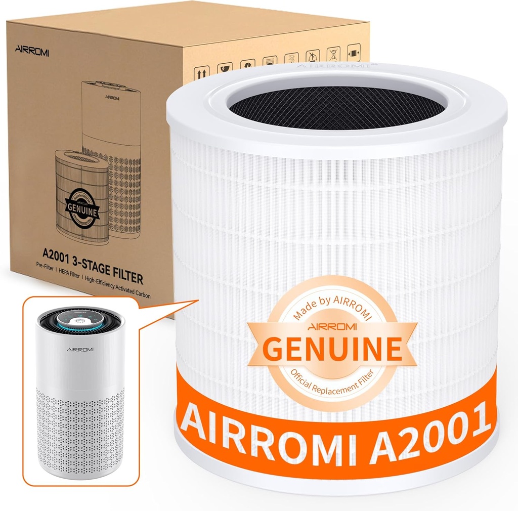 AIRROMI A2001 HEPA Air Purifier Replacement Filter, 3-In-1 Original Filter, Remove 99.97% of 0.3 Micron Particle 1 Pack White Activated Carbon