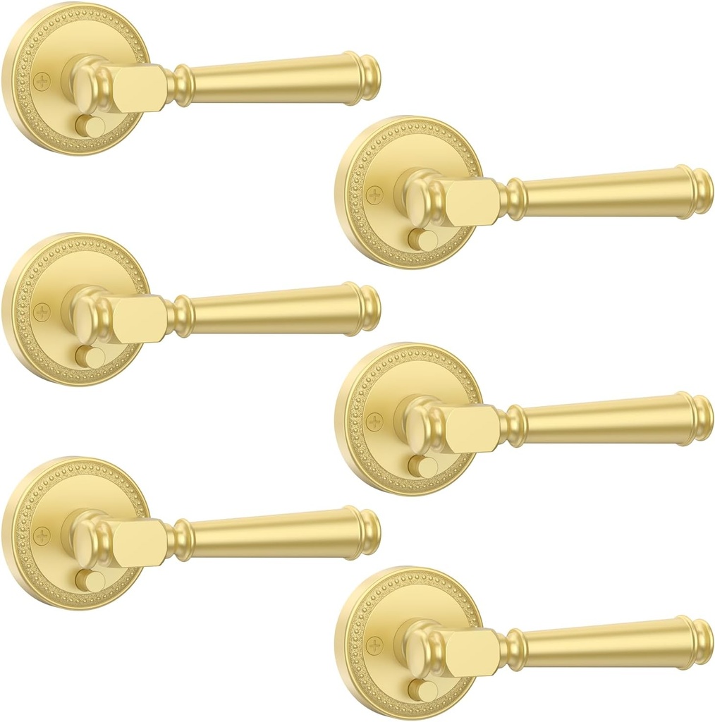 Amerdeco 6 Pack Brushed Gold Privacy Door Handles, Gold Interior Door Knobs,Heavy Duty Door Lever for Bedroom and Bathroom, Reversible Keyless for Right & Left Side AM0034
