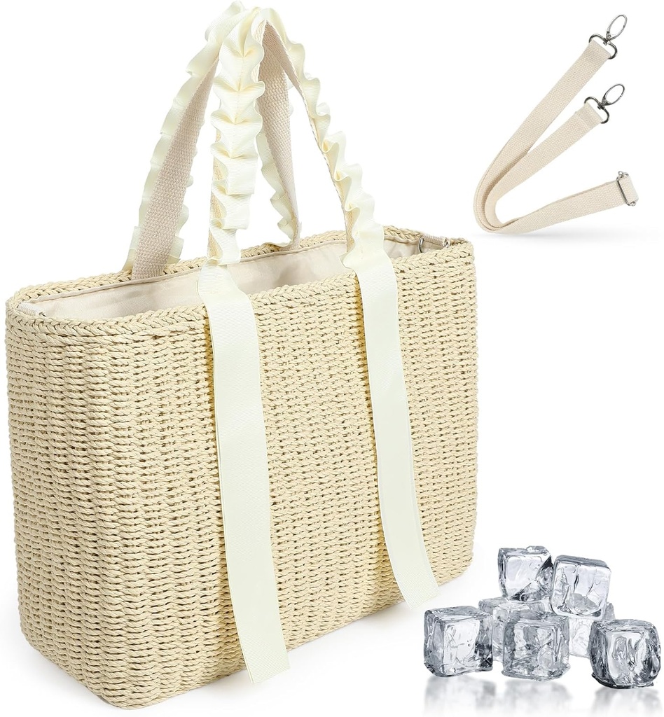 14L Large Insulated Beach Cooler Bag with Removable Liner, Natural Corn Husk Straw Travel Tote for Women, Picnic Lunch Bag, Bride Wedding Gift