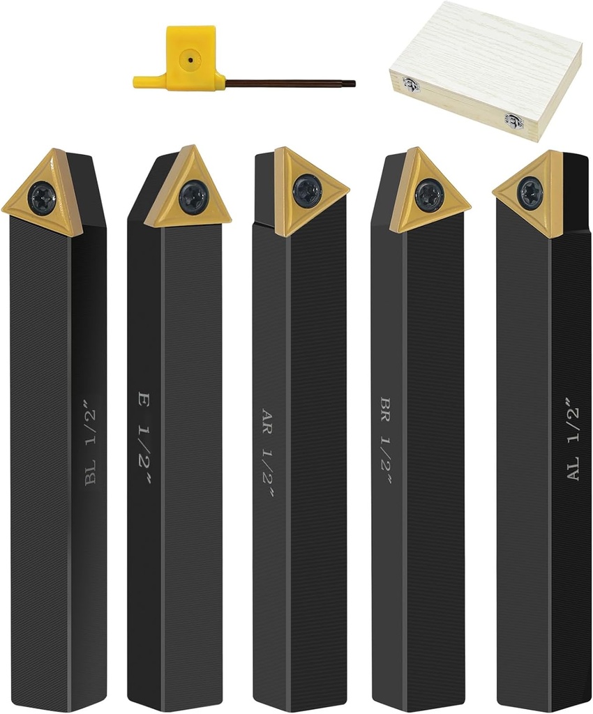 Metal Lathe Cutting Tools,5pcs 1/2'' Shank Indexable Carbide Lathe Turning Tool Holder with Tin Coated Carbide Inserts,Carbide Lathe Tools for Turning Grooving Threading