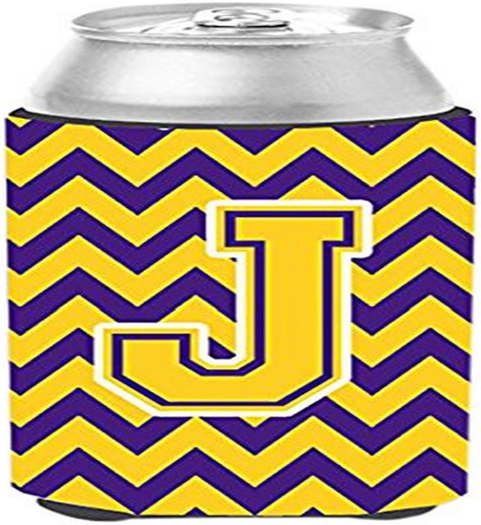 Caroline's Treasures CJ1041-JCC Letter J Chevron Purple and Gold Can or Bottle Hugger Cooler Washable Drink Sleeve Collapsible Beverage Insulated Holder, Can Hugger, Multicolor