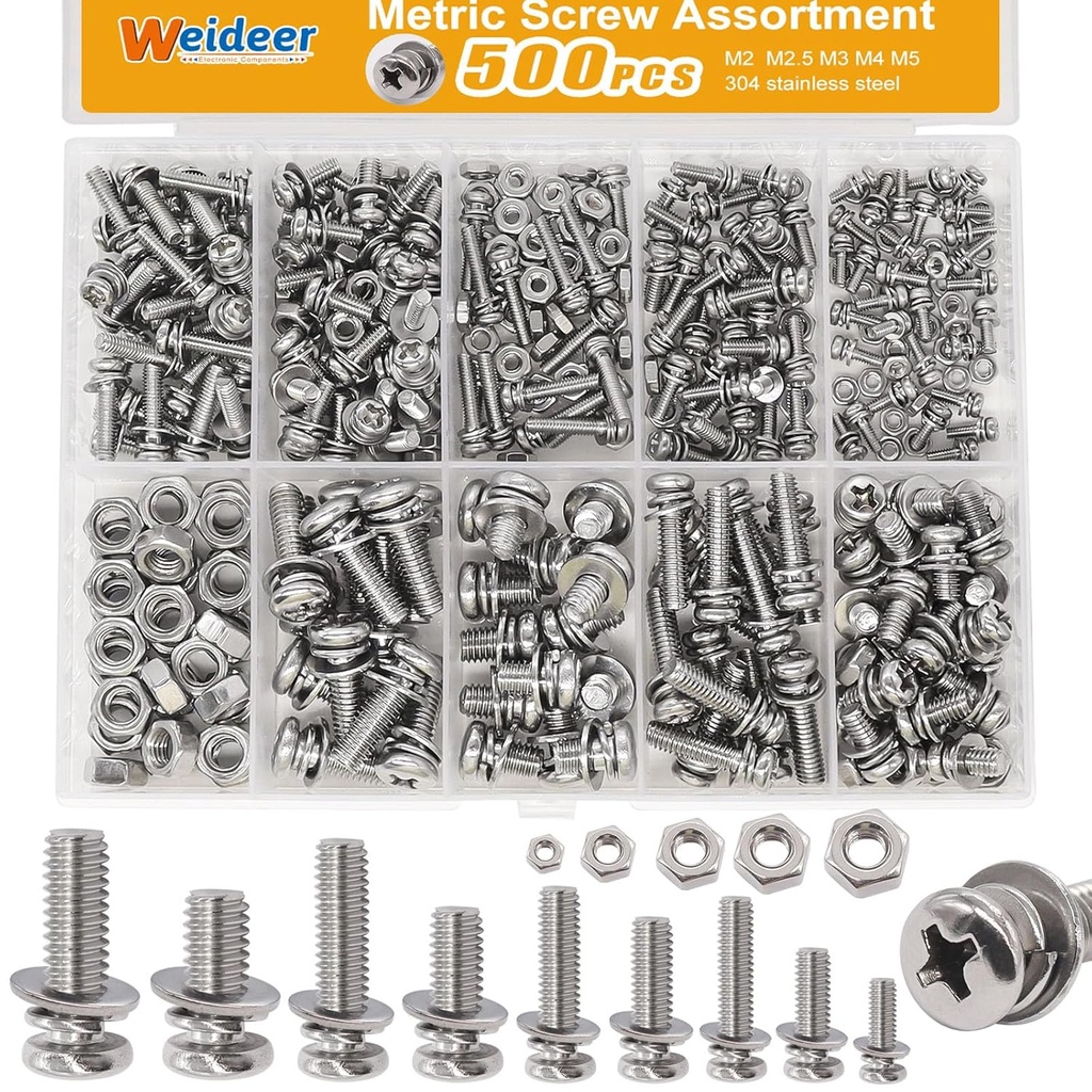 weideer 500Pcs Nut and Bolt Assortment Kit,M2 M2.5 M3 M4 M5 Machine Screws, 304 Stainless Steel Combination Screws for Electronics,Motorcycle,DIY Projects K-188