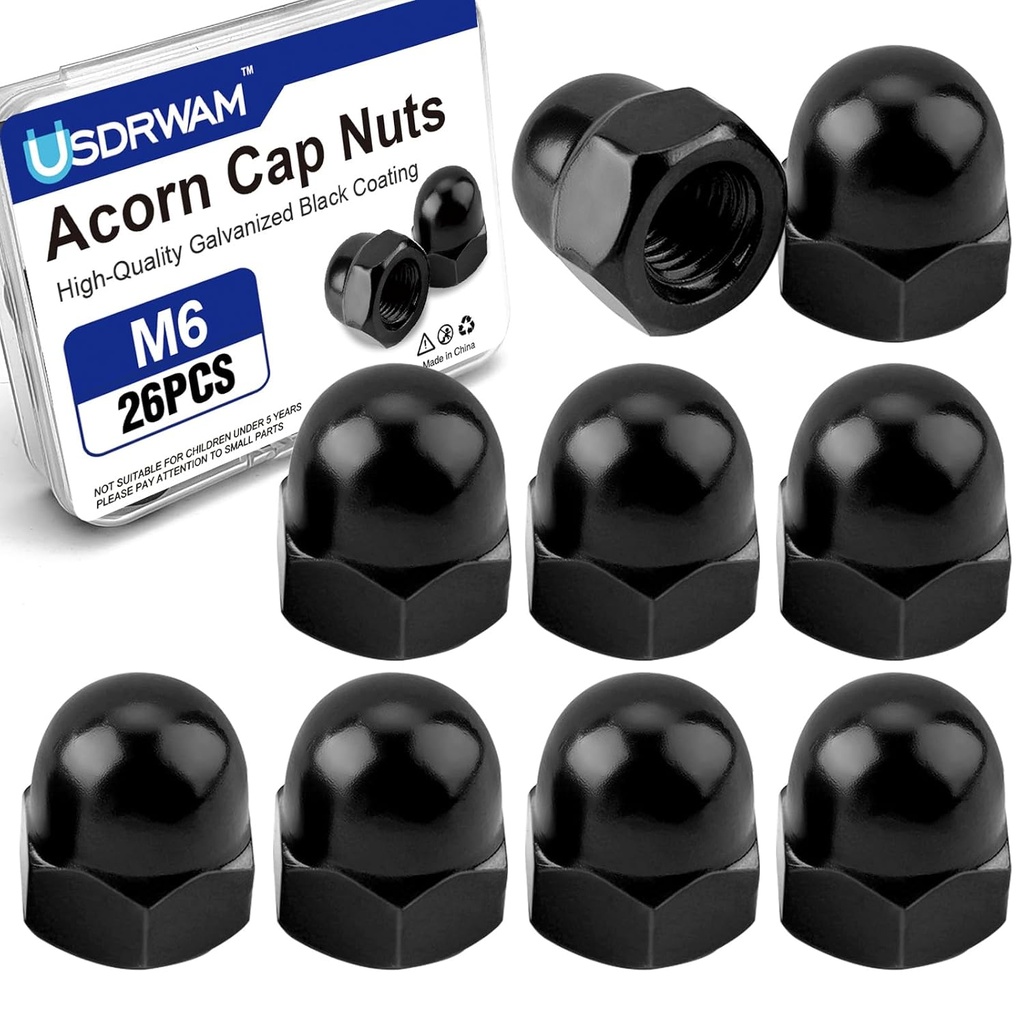 26Pcs M6 Metric Acorn Cap Nuts, Zinc Plating-Black Hex Head Acorn Cap Nuts, Stainless Steel 18-8 (304) Hexagon Dome for Indoor Outdoor