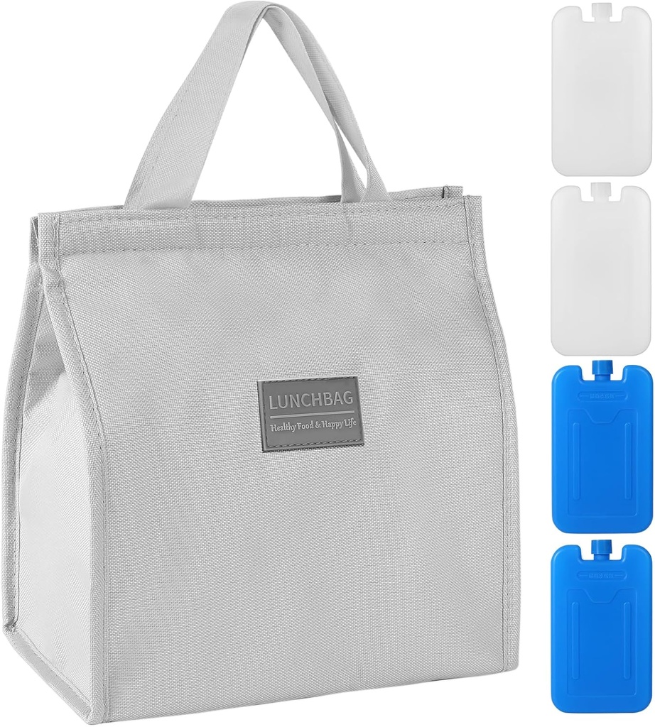 Lunch Bag, Insulated Lunch Bag, Unisex Lunch Box Container, Reusable Leak-proof Tote Bag for Office, Work, Anywhere, with 4 200ml Ice Boxes（Grey）