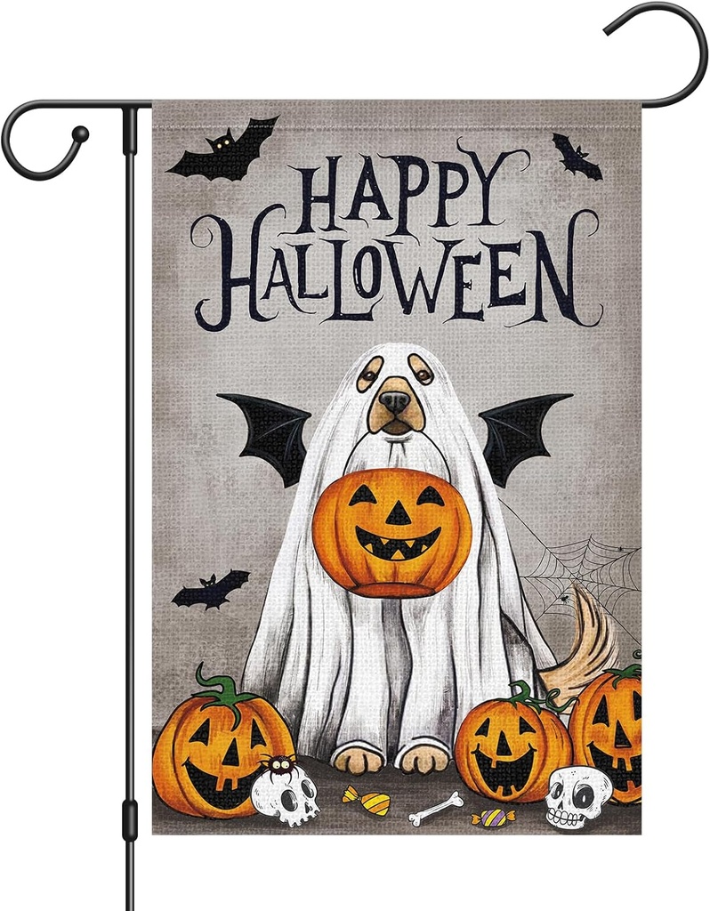 Louise Maelys Happy Halloween Garden Flag with Ghost Golden Retriever Dog and Pumpkin 12x18 Inch Small Burlap Yard Holiday Welcome Decor Outdoor Outside House Flag (Only Flag)