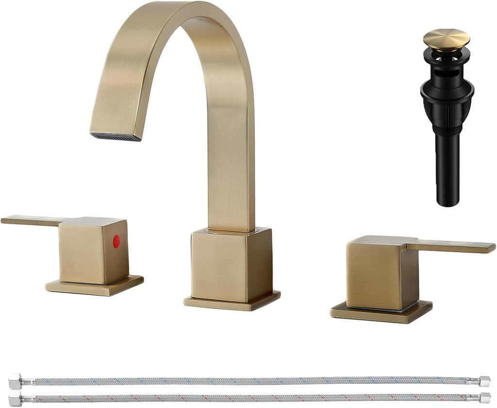 VAPSINT Brushed Gold 8 Inch Widespread Bathroom Faucet 3 Hole, 2 Handle 360° Swivel Spout Lavatory Vanity Faucets, Waterfall Modern Gold Bathroom Sink Faucet with Pop Up Drain & Supply Hoses