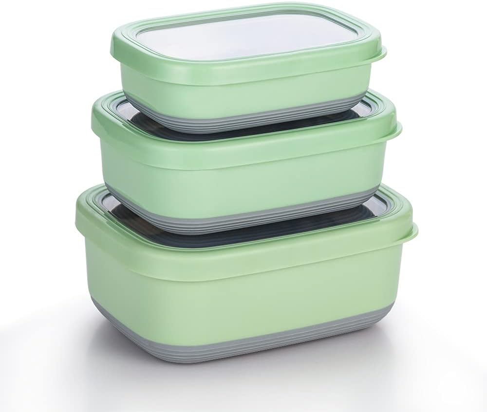 Lille Home Leak Proof Salad Container Stainless for Lunch - Snack Containers Steel - Ideal for Educational Settings & Daycare - Nesting Trio with Silicone Lids - 47oz+30oz+16oz - Blue