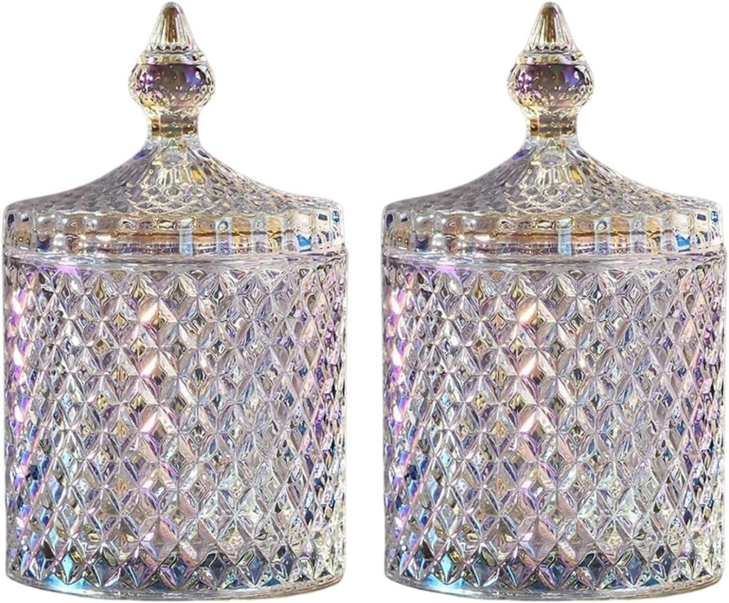 Saim Crystal Glass Jar with Lid, 2 PCS Decorative Candy Dishes 3.4inch Candy Cookie Jars,Buffet Biscuit Containers for Christmas Halloween Wedding Party - Multi-Color