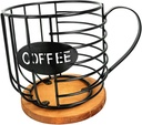 Coffee Pod Holder Organizer Coffee Bar Accessories Iron Coffee Pod Basket with Wooden Base for Home Family Hotel Kitchen Cafe, Black