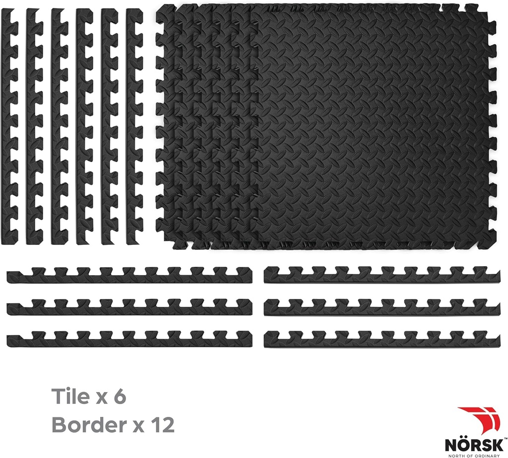 NÖRSK Duräflex Medium-Duty Reversible Interlocking Foam Floor Tiles, Diamond Plate Texture, Black/Blue, 24 X 24 X .47 in., 6-Pack (24 sq. ft.) (Black/Gray, 0.79" Thick)