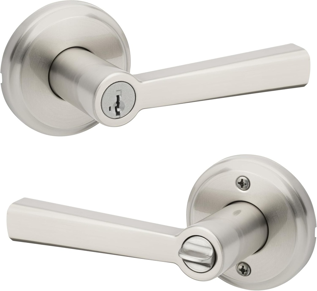 Kwikset Trafford Entry Door Handle with Lock and Key, Secure Keyed Reversible Lever Exterior, for Front Entrance and Bedrooms, Satin Nickel, Pick Resistant Smartkey Rekey Security and Microban