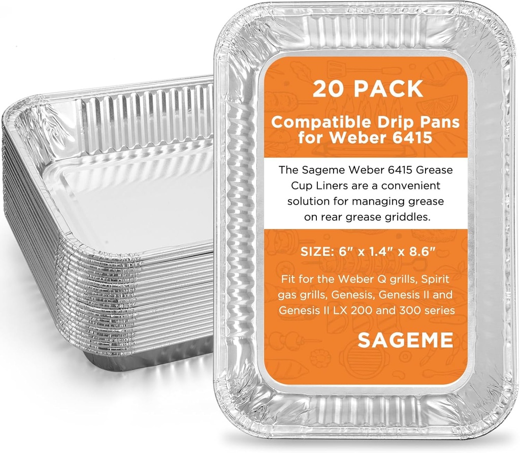 20 Pack Weber Grills Compatible Drip Pans 6415 for Weber Grills Spirit Gas Grills, Q Grills, Genesis and Genesis II LX 200 300 Series Disposable Aluminum Foil Grease Trays 6 x 1.4 x 8.6 Inches