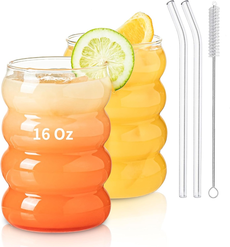 KEMORELA 2PCS Wave Bubble Beverage Glasses With Straws, 16 Oz Vintage Glass Cups, Aesthetic Iced Coffee Glasses, Ripple Glassware, Beer Glasses - Stylish Drinkware for Every Occasion