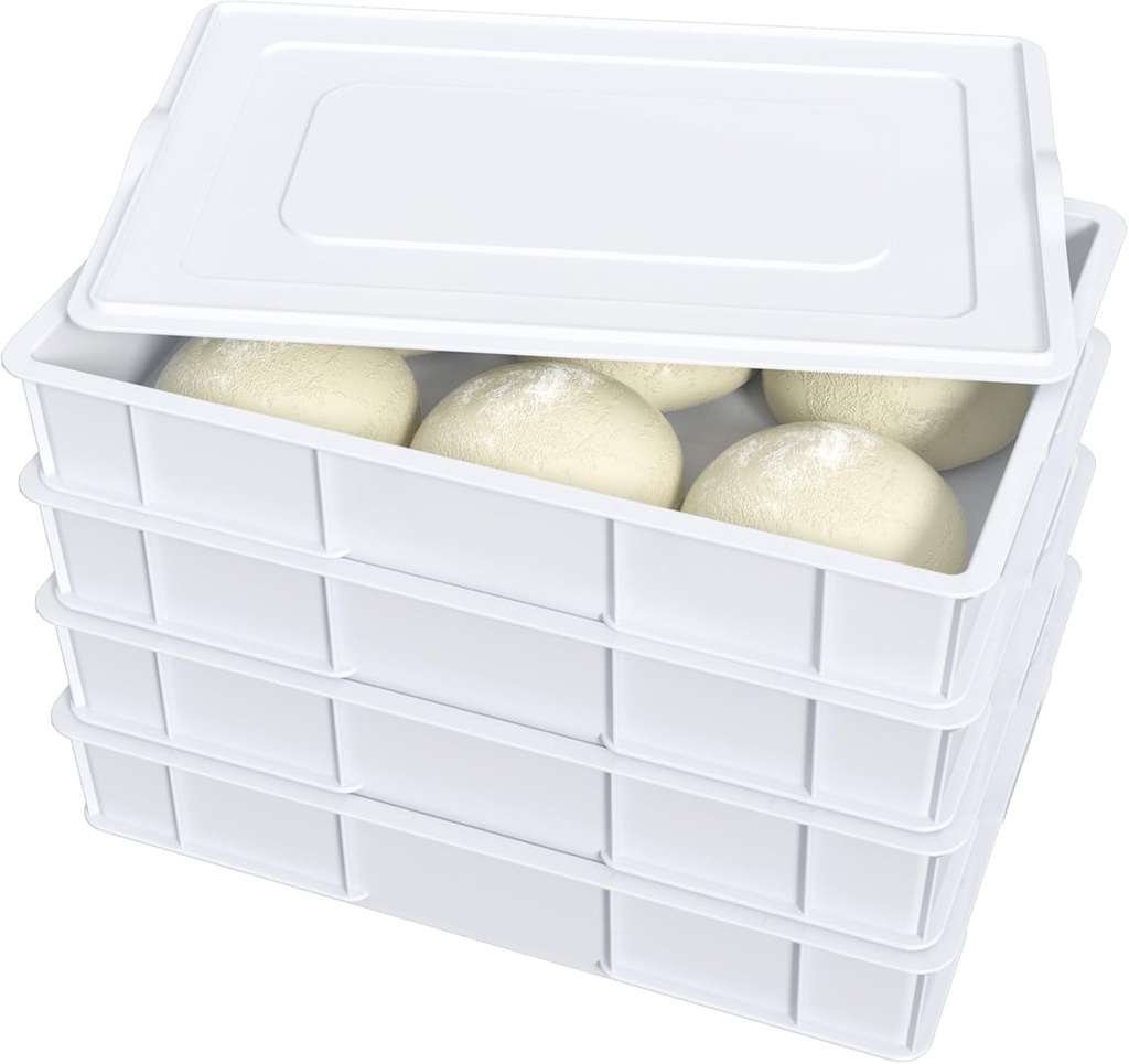 4 Pack Commercial Pizza Dough Proofing Box with Lid, Plastic Stackable Pizza Proofing Dough Trays, 23.62" x 16.42" x 3.74", White
