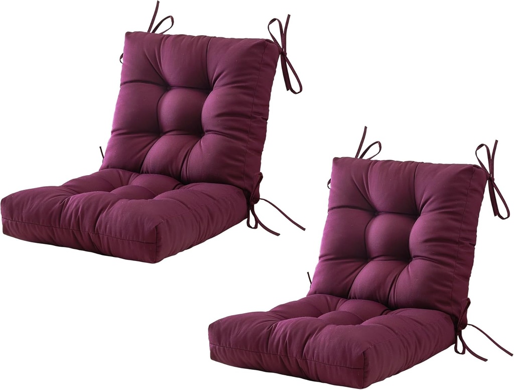 BLISSWALK Outdoor Lawn Chair Cushions,Set of 2,40"x20"x4", Low BackTufted Extra Thick Patio Wicker Seat Cushion with Ties for Outdoor Furniture,Purple