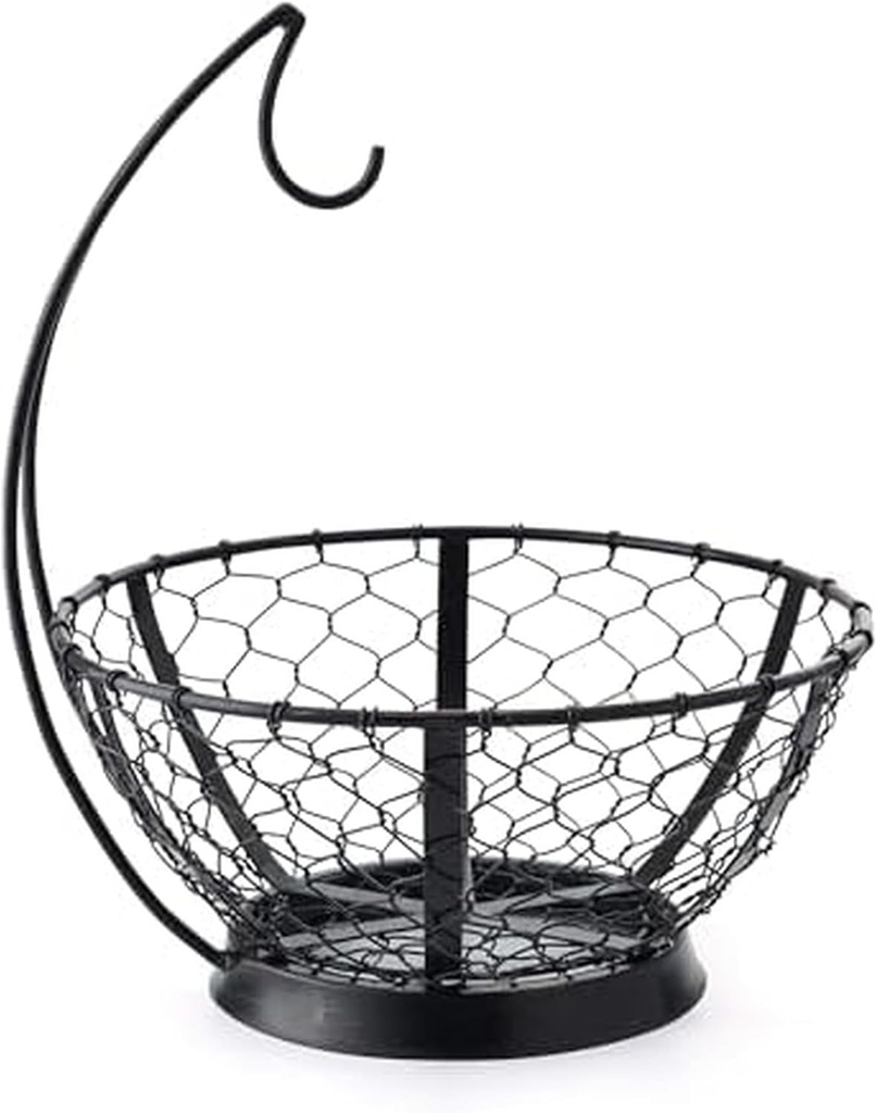 Mikasa Gourmet Basics Fruit Basket with Banana Hook - Decorative Black Wire Fruit Storage Basket for Kitchen, Versatile Fruit and Vegetable Basket Holder with Modern Design (14.75" x 12")