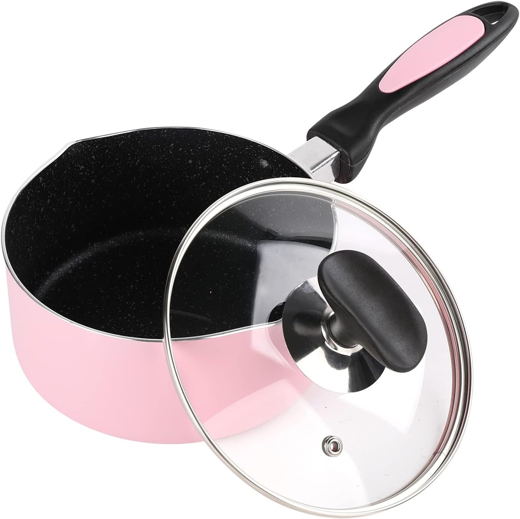 2 Quart Non Stick Saucepan with Glass Lid,Small Soup Pot with Lid 2Qt Sauce Pan for Home Kitchen,Pink
