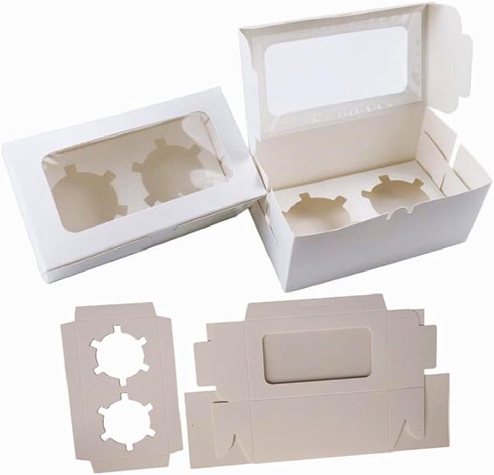 Ebonee White Paper Cupcake Boxes Fits 2 Muffins, Cookie Cupcake Containers with Clear Window and 2 Treat Holder, Portable Bakery Carrier Cake Box for Birthday Holiday Party Supply (30 Pack)