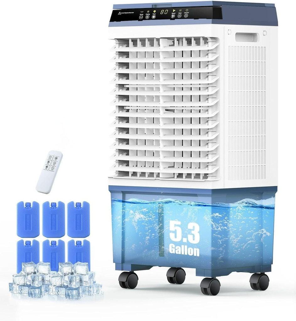 Air Choice Swamp Cooler, 1800 CFM Evaporative Air Cooler, 6 Ice Box & 5.3 Gal Water Tank, 110° Auto Swing, 3 Speeds, Large Remote, 12H Timer, 3-in-1 Portable Air Cooler Fan for Outdoor Bedroom Office