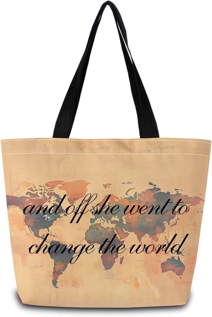 World Map Tote Bag Reusable Grocery Bags Aesthetic Shopping Shoulder Handbag with Interior Zipper Pocket Stylish World Map Present for Travellers Women