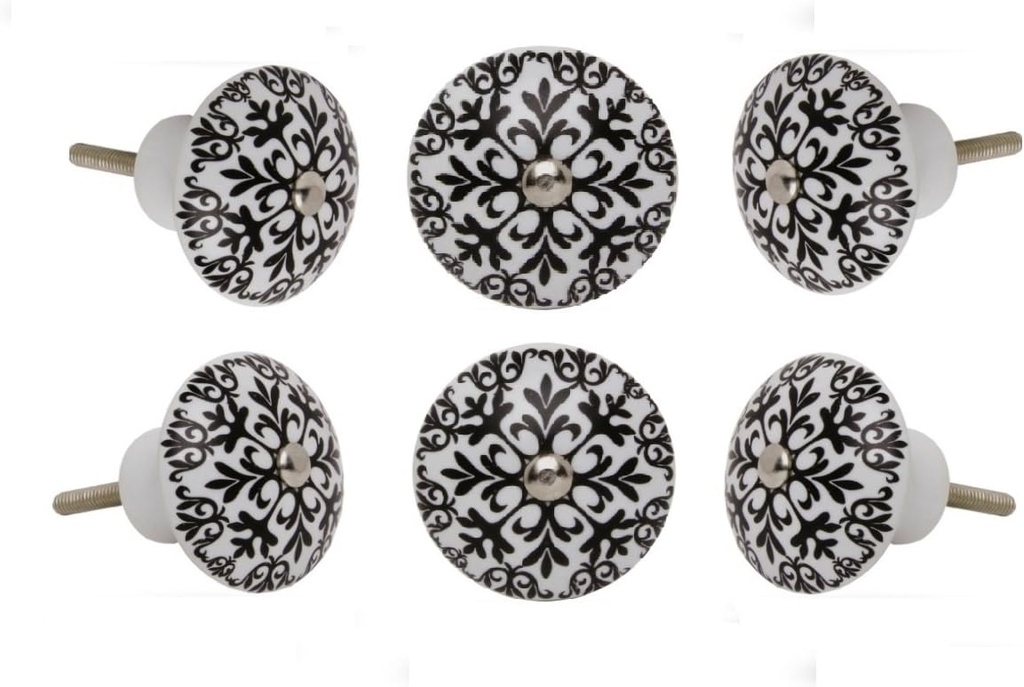 TRINCA-FERRO Set of 6 Round White Floral Handmade Ceramic Knob for Pull and Push Knobs for Dresser Drawer Decorative Knobs for Interior Exterior Cabinets for | Bedroom | Bathroom |Kitchen |