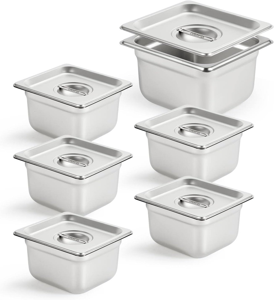 CURTA 6 Pack Anti-Jam Hotel Pans with Lids, 1/6 Size 4 Inch Deep, NSF Commercial 18/8 Stainless Steel Chafing Steam Table Food Pan with Covers