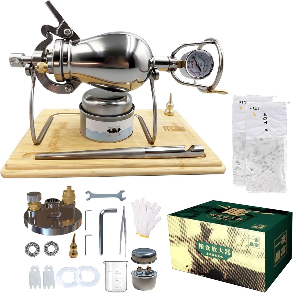 260ml Chinese Popcorn Maker, 304 Stainless Steel Popcorn Machine with Wooden Board Base, Dual Pressure Valve Popcorn Machine, Hot Air Popper Popcorn for Party(with 2 Bags)