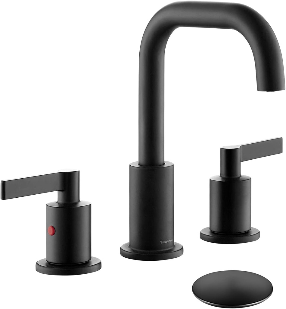 Matte Black 8 Inch Widespread Bathroom Sink Faucet 3 Holes with Pop up Drain, Modern High Arc Two Handle Bathroom Vanity Faucet with 360 Degree Swivel Brass Spout, TAF288S-MB