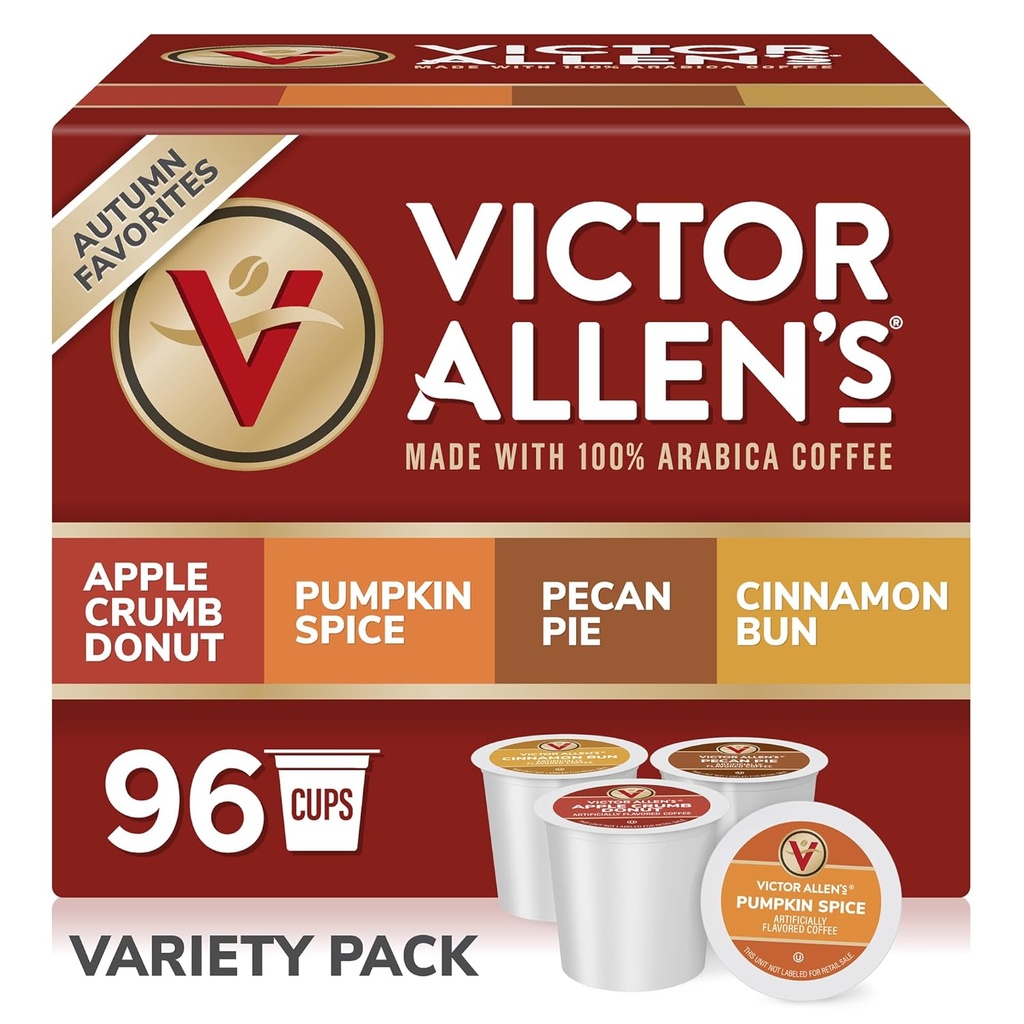 Victor Allen's Coffee Autumn Favorites Coffee Variety Pack (Apple Crumb Donut, Pumpkin Spice, Pecan Pie, Cinnamon Bun), 96 Count, Single Serve Coffee Pods for Keurig K-Cup Brewers