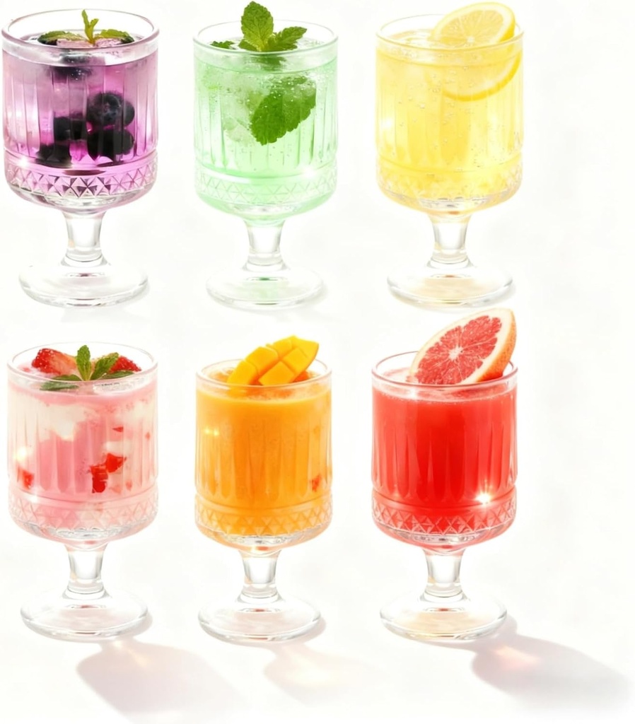 6 Packs Vintage Goblet Glasses, 8 oz Wine Glasses, Relief Sword Pattern Glass Cup Set, Drinking Goblets, Bar Tumbler Glassware for Iced Tea, Wine, Beer, Juice, Cocktail, Whiskey