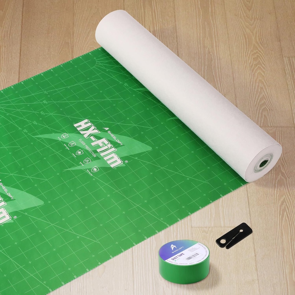 Sheeldify HX-Film Heavy Duty Floor Protection, Carpet Protection Film, Covering for Painting, Hardwood Plastic Sheeting -39"x100' Protector, 1.88"x164' Edge Tape, 3 Cutter, Set of 3 (Green, Pro Kit)