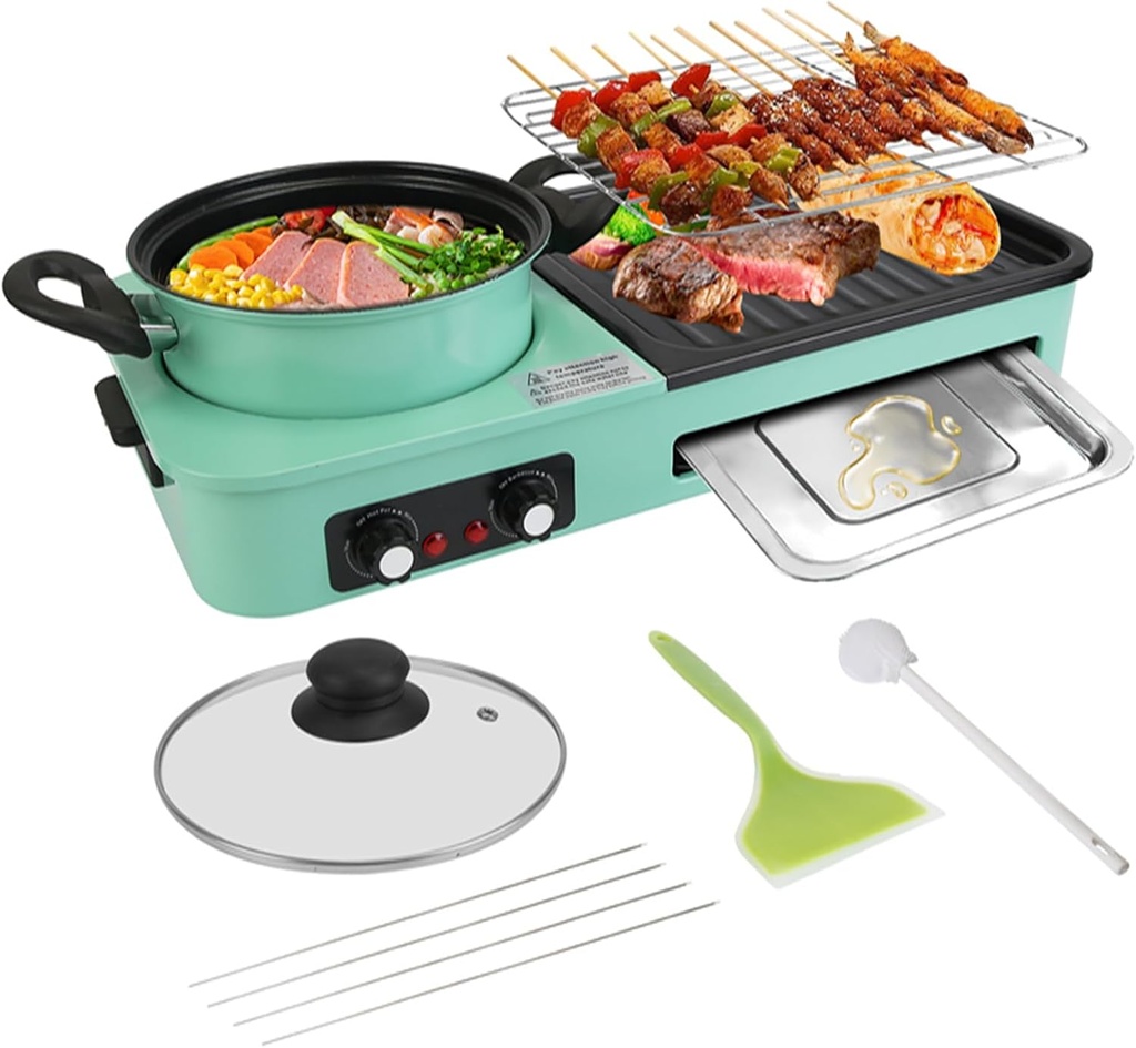KOCASO 3-in-1 Electric Hot Pot with Grill 1600W, Smokeless Korean BBQ Grill, Shabu Shabu Hot Pot & Non-Stick Griddle Combo with Independent Temperature Control, Multi Cooker for 3-5 People