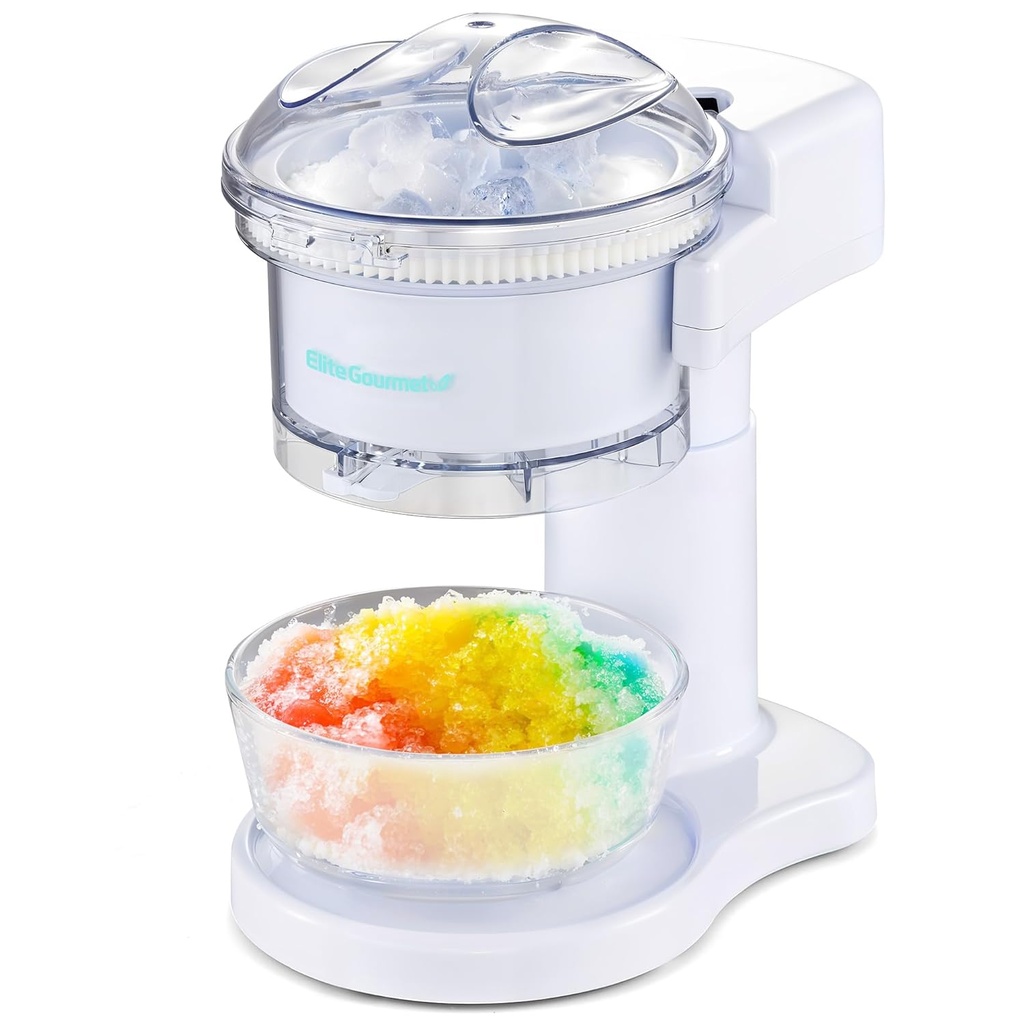 Elite Gourmet NEW Snow Cone & Shaved Ice Maker, ESI1201, Refreshing Slushies, Margaritas, Boba Drinks, Clear Lid & Shaved Ice Serving Bowl, Use Cubed & Bagged Ice, Stainless Steel Shaving Blade, White