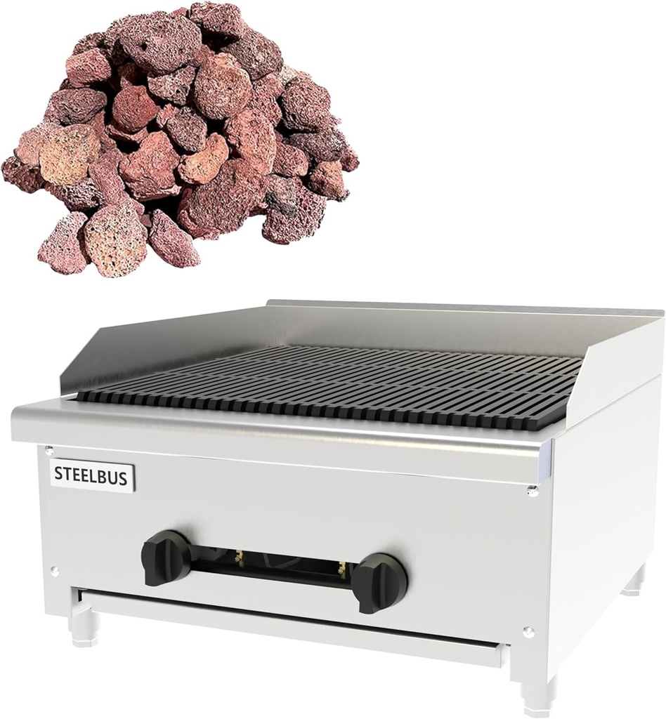 24 Inch Commercial Gas Lava Rock Charbroiler, Stainless Steel Countertop Grill with 2 Burners 56000 BTU, Cast Iron Grates, Restaurant BBQ Broiler, Natural Gas/Propane