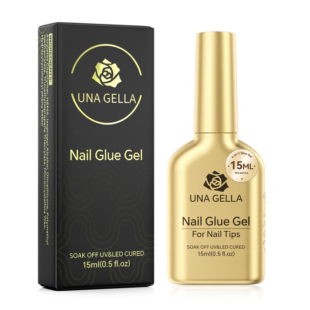 UNA GELLA 6 in 1 Gel Nail Glue for Clear Acrylic Nails Tips, 15ml UV Nail Glue Long Lasting Super Strong Brush for Base Coat, Clear Fake Nails, and Soft Gel Tips Lamp Curing Required