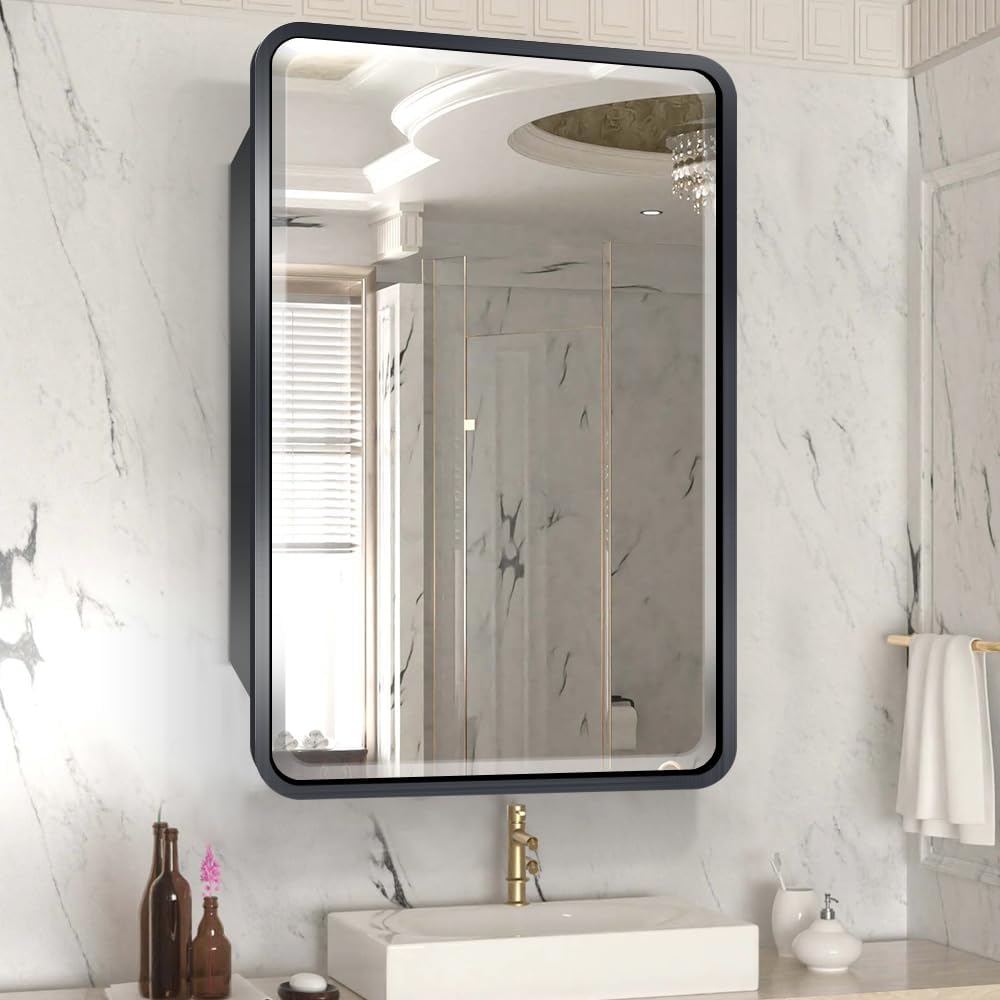 16×26inch Medicine Cabinet,Mirror Cabinet with Beveled Mirror,Solf Close Hinge,Brushed Metal Framed,Detachable Side Plate for Recess Mount or Surface Mount,Black