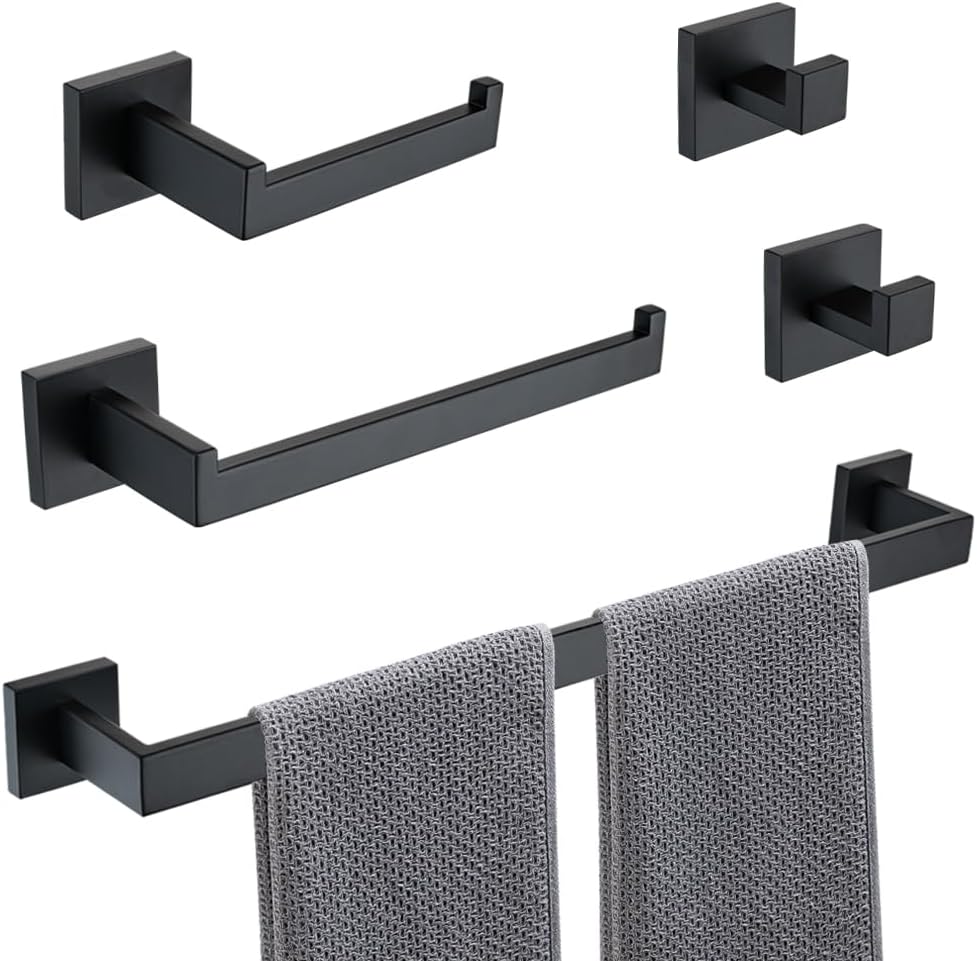 Premium 5-Piece Matte Black Bathroom Hardware Accessory Set, Durable SUS304 Stainless Steel Wall-Mounted Towel Bar and Towel Holder, 23.6-Inch Bathroom Towel Rack
