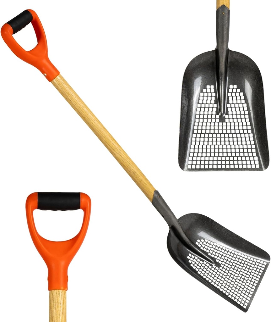 Sand Sifting Shovel with Ergonomic D-Grip Handle, 41" L x 9.1" W Lightweight Carbon Steel Heavy Duty Digger Sifter Scoop for Treasure Beach Fun, Farm Chicken Coop Goat stall Poop Cleaning