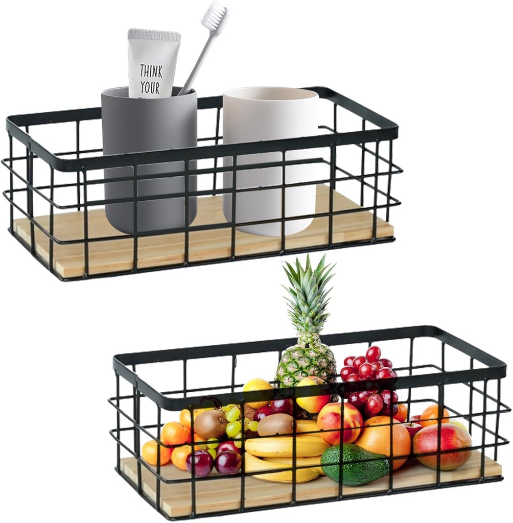 2-Pack Small Wire Baskets, Metal Wire Storage Baskets, Rustic Storage Bin Wood Base Containers Farmhouse Rectangle Organizer Tray for Home Kitchen Bathroom