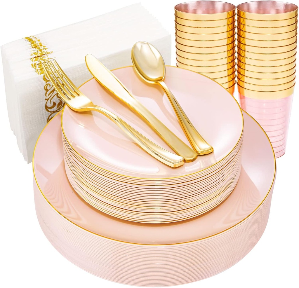 Rubtlamp 210Pcs Plastic Pink Plates with Gold Plastic Silverware Set Include 30Pink Dinner & 30 Dessert Plates, 90Gold Cutlery, 30Gold Cups, 30Napkins, Pink Dinnerware for Mother's Day