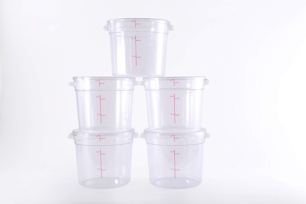Hakka 6 Qt Commercial Grade Round Food Storage Containers With Lids,Polycarbonate,Clear - Case of 5