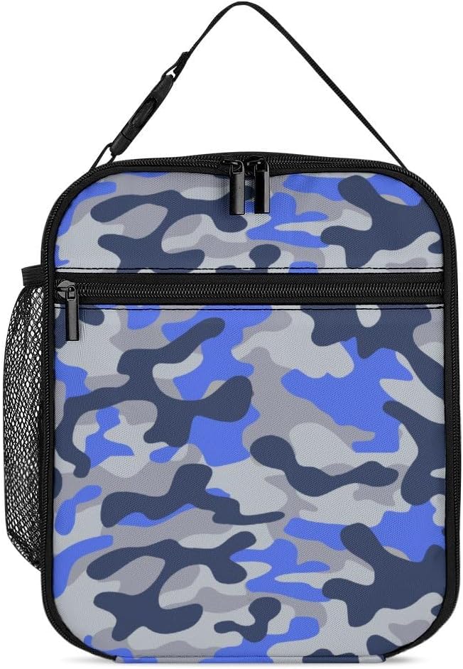 Blue Camo Insulated Lunch Bags For Men Women Boys Girls,Cooler Tote Reusable Lunch Box For Work Office Travel,Easy-To-Clean Bento Box Bento Bag,Reusable Lunch Bags For School/Work/Picnic