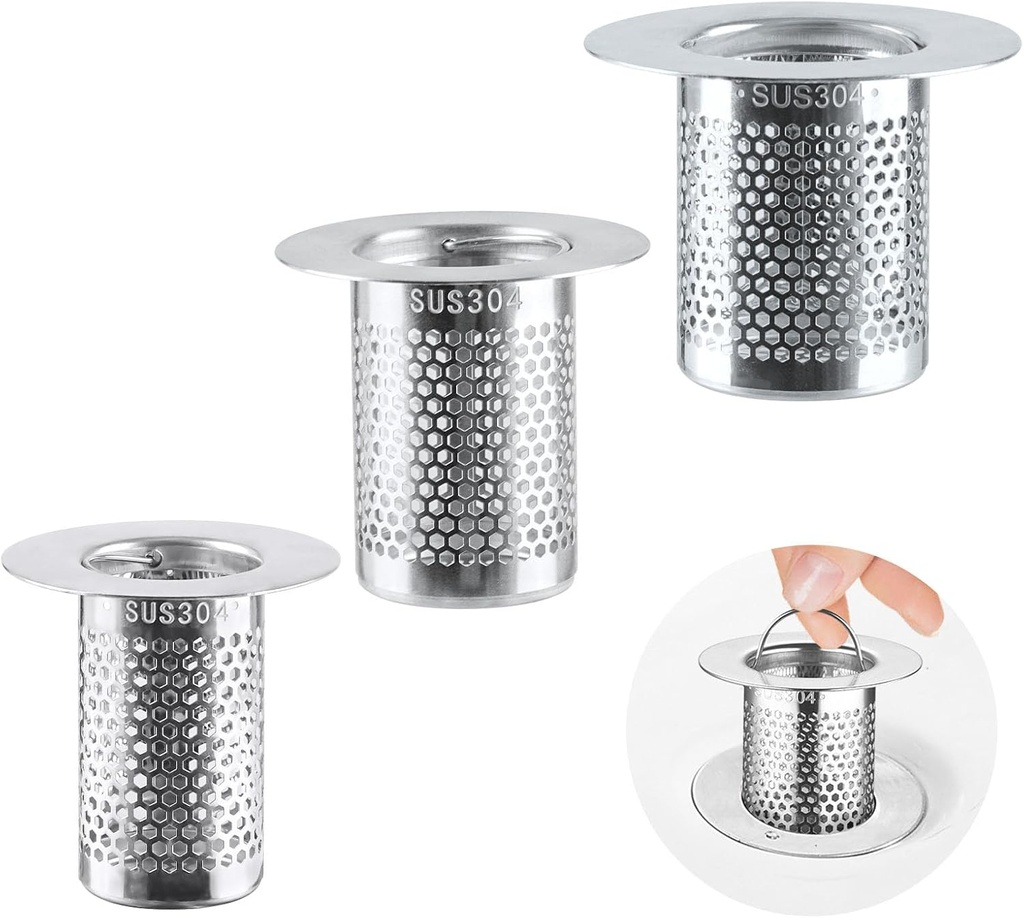 3 Pack Sink Drain Strainer - Stainless Steel Bathtub Shower Drain Hair Stopper Strainer for Shower Bathroom Kitchen Sink Prevent Clogging, with Handle (1.97"& 2.17"& 2.56")
