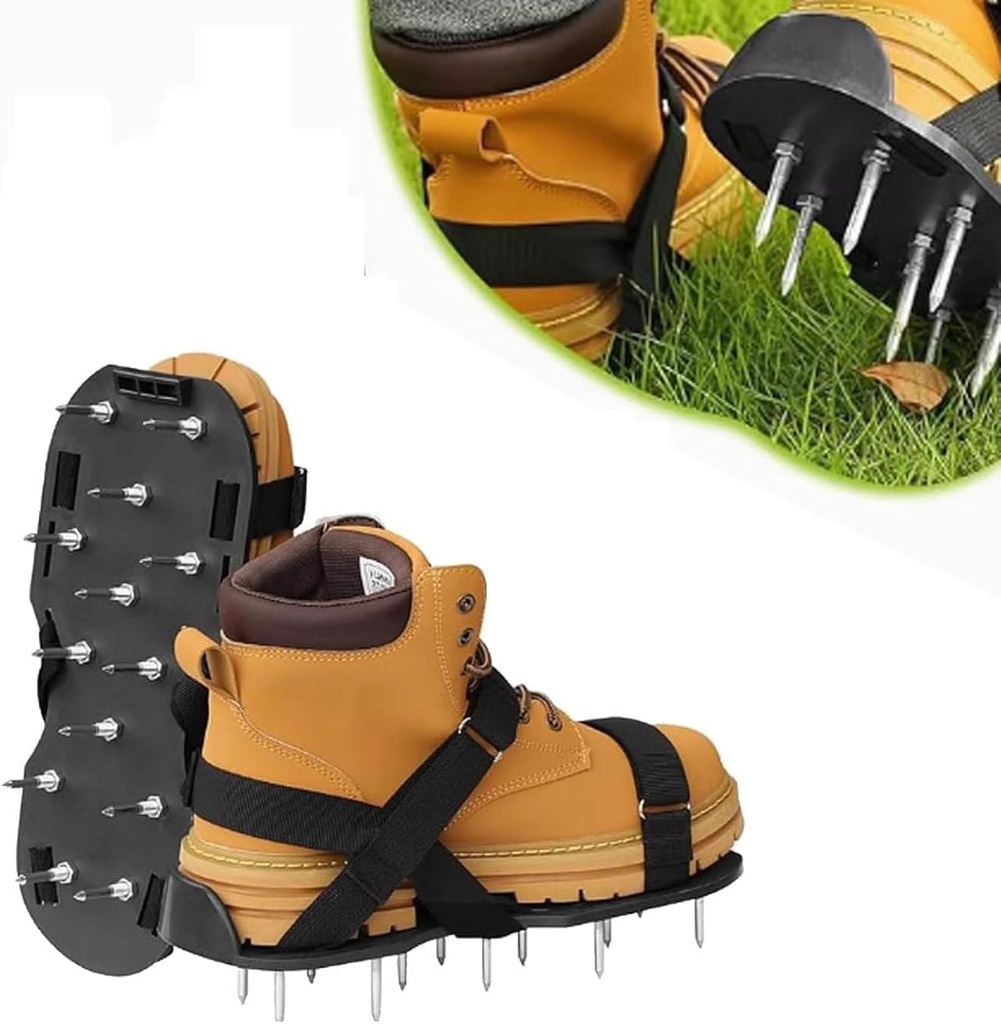 Lawn Aerator Shoes with Laces Adjustable Straps Free-Installation Spike Sandals for Grass Garden Soil Yard Tool Patio Garden One-Size-Fits-All Easy to Use (Black)
